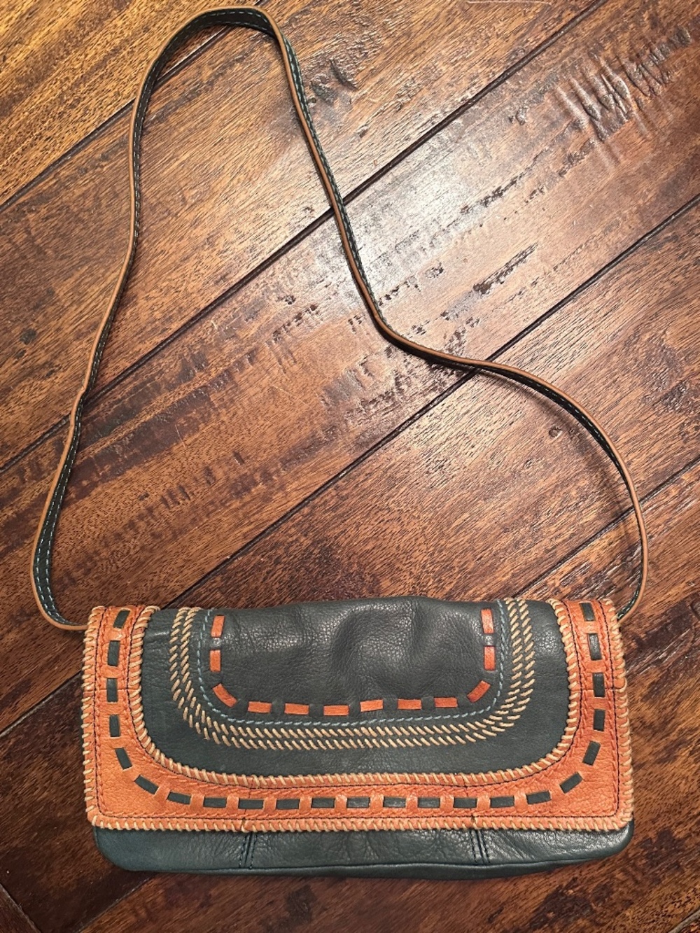 Isabella Fiore Y2K Leather Shoulder Bag Green Orange Whipstitch Boho Western